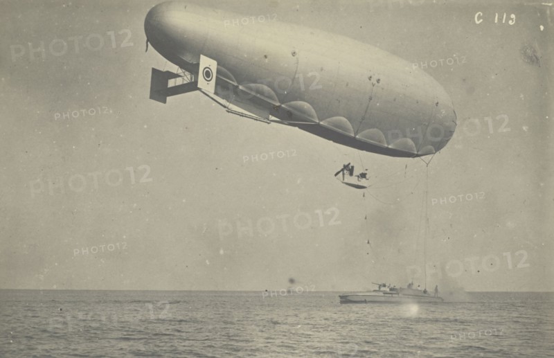 Blimp attached to a boat; Fédèle Azari, Italian, 1895 - 1930, Italy; 1914 - 1929; Gelatin silver print; 10.9 x 11.3 cm