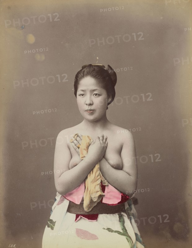 Portrait of a Topless Young Woman; Baron Raimund von Stillfried, Austrian, 1839 - 1911, Japan; 1870s - 1890s; Hand-colored