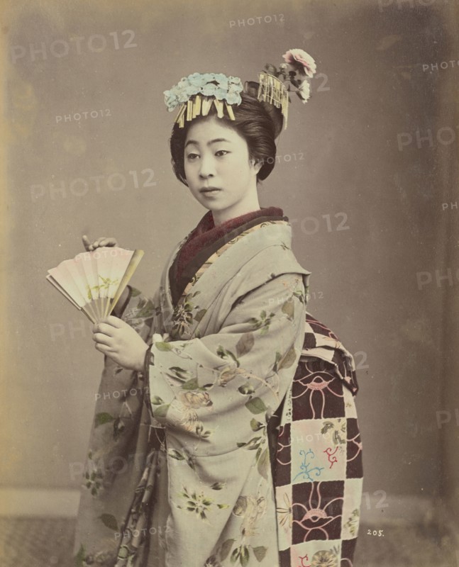 Young Woman with Fan; Kusakabe Kimbei, Japanese, 1841 - 1934, active 1880s - about 1912, Japan; 1870s - 1890s; Hand-colored