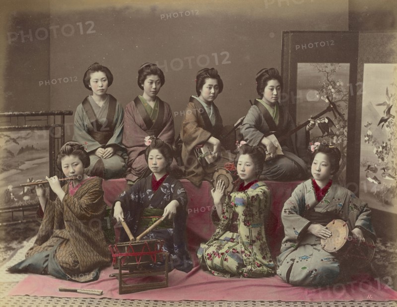 Playing Samisen, Tsudzumi, Fuye and Taiko; Kusakabe Kimbei, Japanese, 1841 - 1934, active 1880s - about 1912, Japan; 1870s