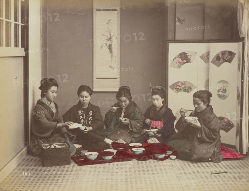 Buck Wheat Macaroni Eating; Kusakabe Kimbei, Japanese, 1841 - 1934, active 1880s - about 1912, Japan; 1870s - 1890s