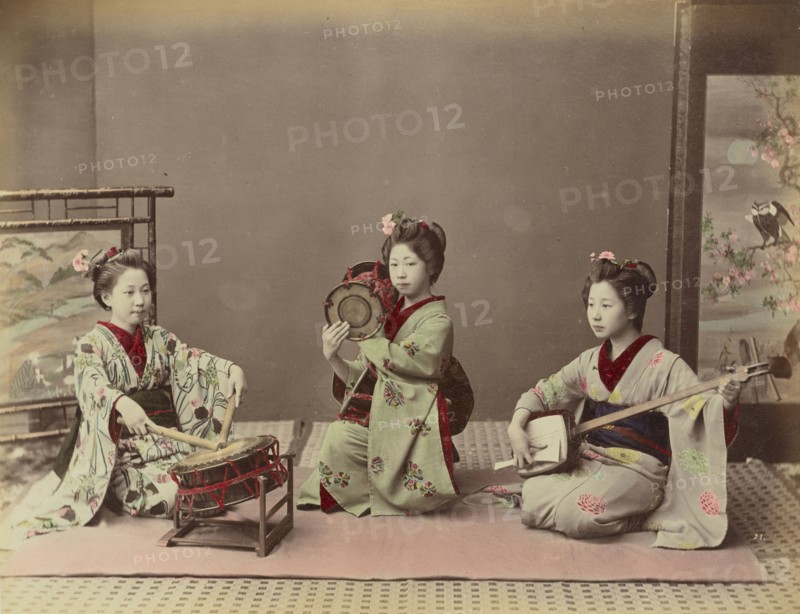 Girls Playing Samisen and Fluya; Kusakabe Kimbei, Japanese, 1841 - 1934, active 1880s - about 1912, Japan; 1870s - 1890s