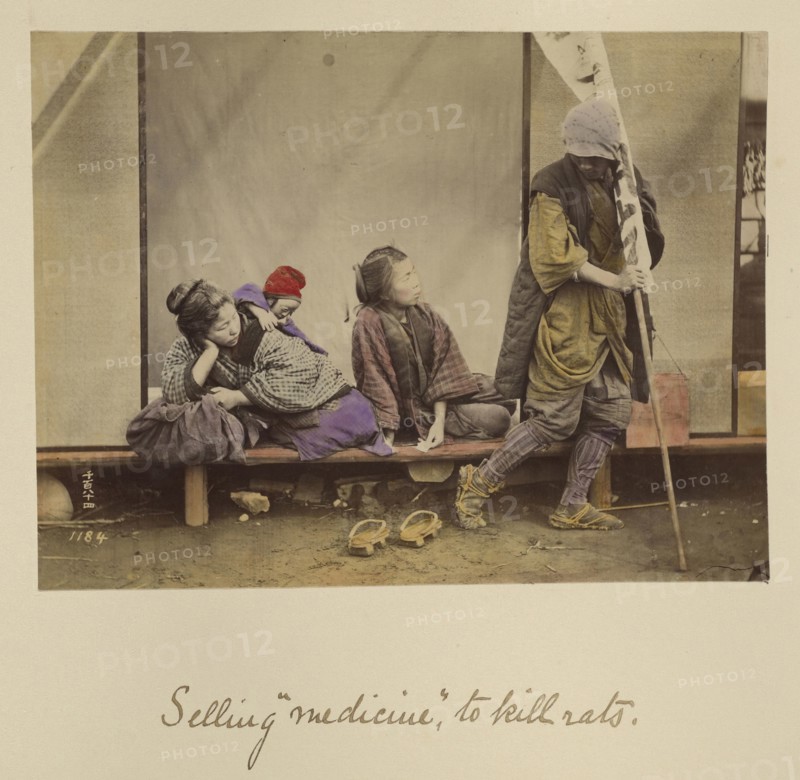Selling  medicine  to kill rats; Shinichi Suzuki, Japanese, 1835 - 1919, Japan; about 1873 - 1883; Hand-colored Albumen silver