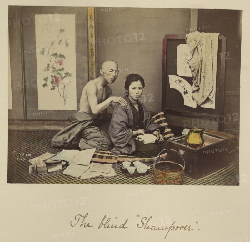 The blind Shampover; Shinichi Suzuki, Japanese, 1835 - 1919, Japan; about 1873 - 1883; Hand-colored Albumen silver print