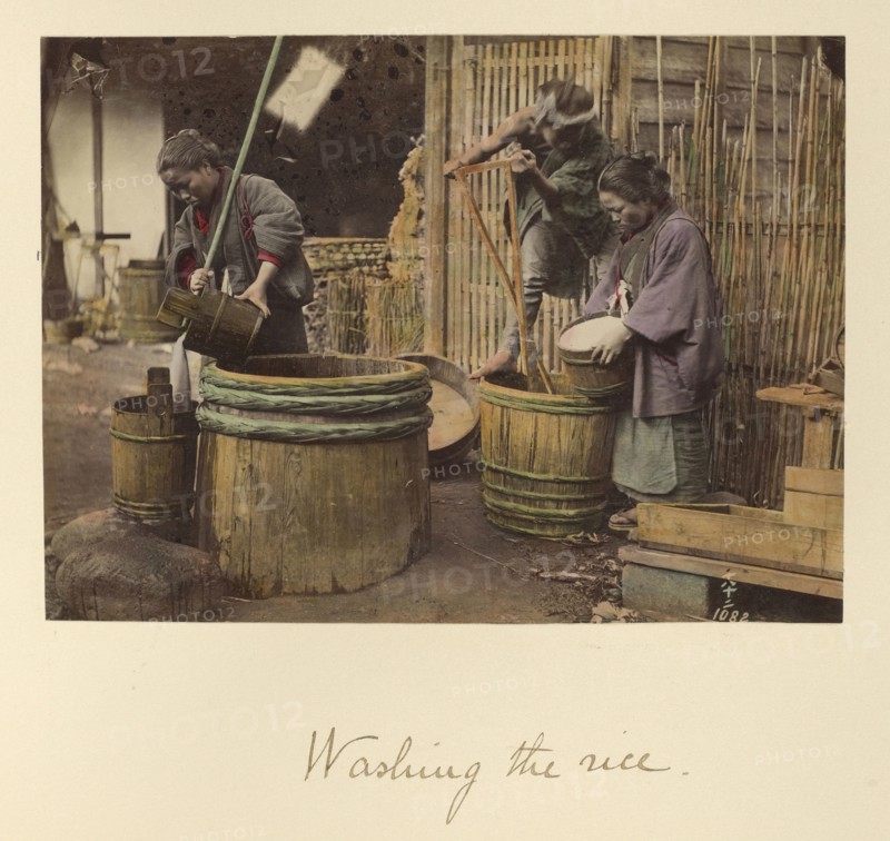 Washing the Rice; Shinichi Suzuki, Japanese, 1835 - 1919, Japan; about 1873 - 1883; Hand-colored Albumen silver print