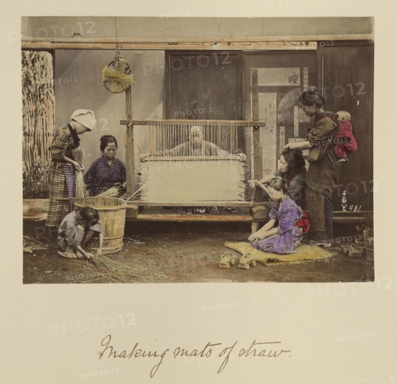 Making Mats of Straw; Shinichi Suzuki, Japanese, 1835 - 1919, Japan; about 1873 - 1883; Hand-colored Albumen silver print