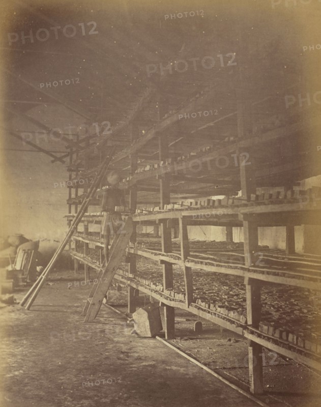 Drying house, Indigo cakes on Shelves, Oscar Mallitte, British, about 1829 - 1905, active Allahabad, India 1870s, Allahabad