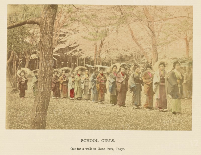 School Girls Out for a Walk in Ueno Park, Tokyo; Kazumasa Ogawa, Japanese, 1860 - 1929, Tokyo, Japan; 1897; Hand-colored