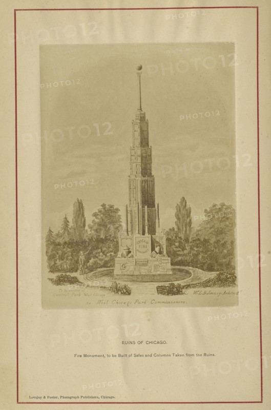 Fire Monument, to be Built of Safes and Columns taken from the Ruins; George N. Barnard, American, 1819 - 1902, Chicago