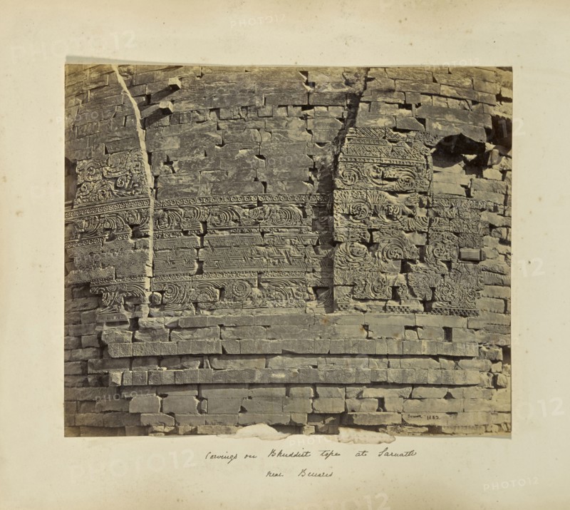 Benares; Floral carving on ancient Buddhist tower at Sarnath; Samuel Bourne, English, 1834 - 1912, SÄrnÄth, Uttar Pradesh