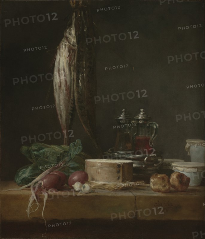 Still Life with Fish, Vegetables, Gougères, Pots, and Cruets on a Table; Jean-Siméon Chardin, French, 1699 - 1779, 1769