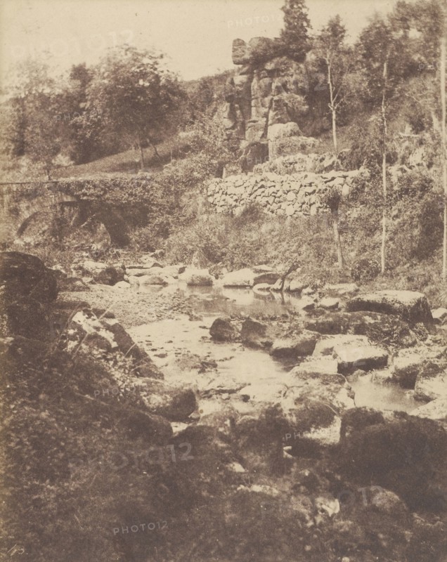 Shallow Stream with Rocks and Stone Bridge; French, Louis Désiré Blanquart-Evrard, French, 1802 - 1872, Lille, France; 1853