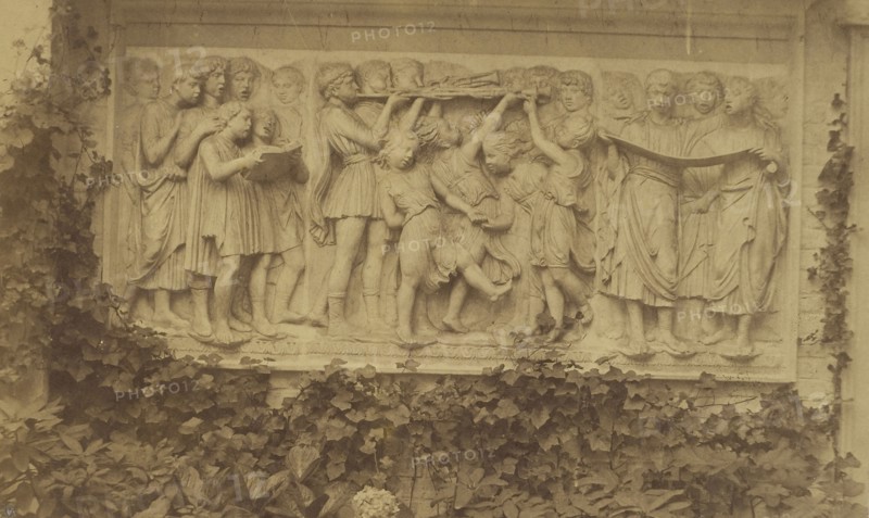 Bas-relief in Marble on Garden Wall with Ivy-vine Border; French, Louis Désiré Blanquart-Evrard, French, 1802 - 1872, Lille