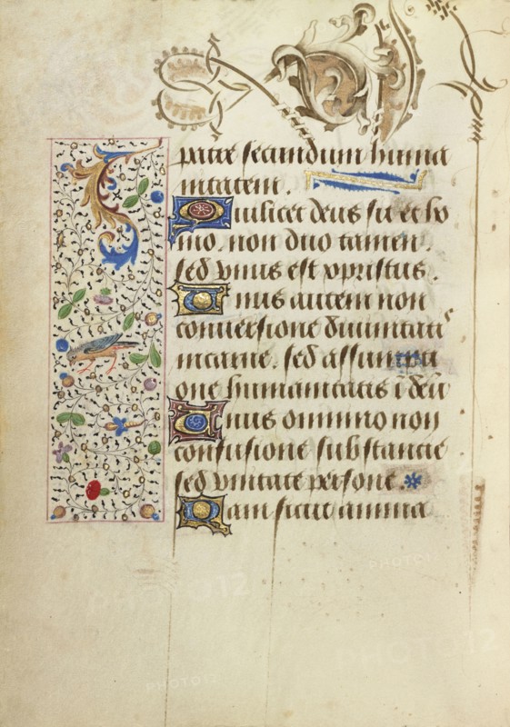 Decorated Text Page; Antwerp, illuminated, Belgium; 1469; Tempera colors, gold leaf, gold paint, silver paint, and ink