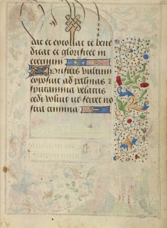Decorated Text Page; Antwerp, illuminated, Belgium; about 1471; Tempera colors, gold leaf, gold paint, silver paint, and ink