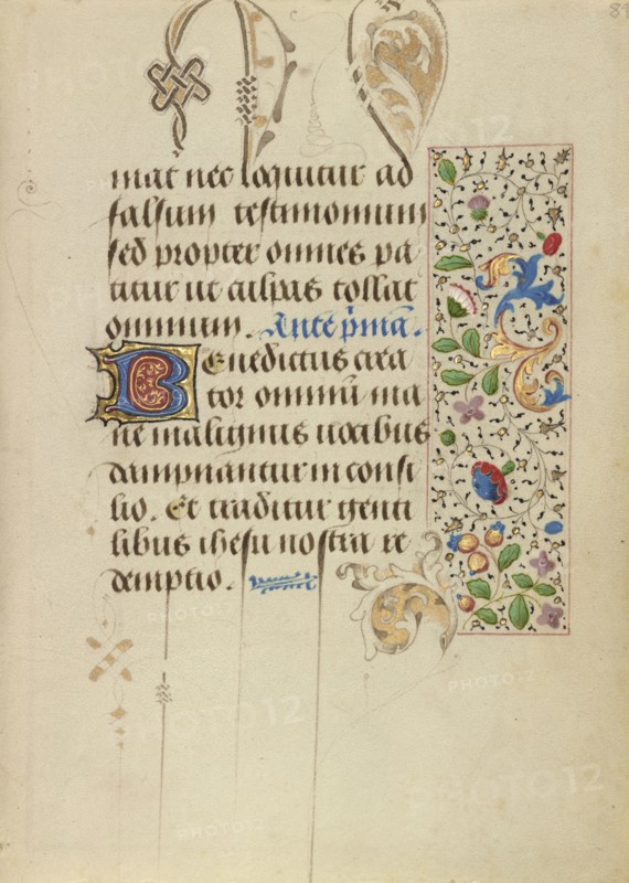 Decorated Text Page; Ghent, written, Belgium; about 1471; Tempera colors, gold leaf, gold paint, silver paint, and ink
