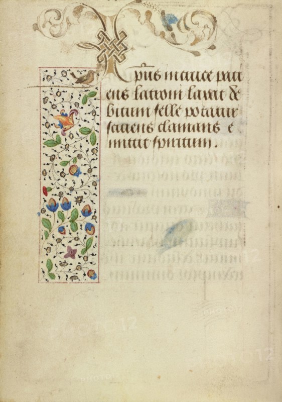 Decorated Text Page; Nicolas Spierinc, Flemish, active 1455 - 1499, Ghent, written, Belgium; about 1471; Tempera colors, gold