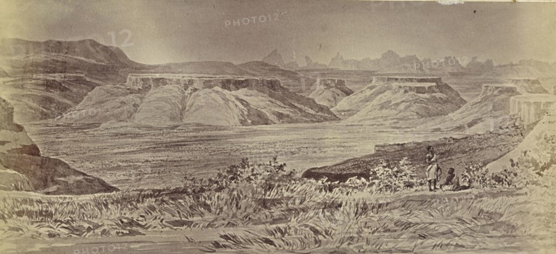 View from the Line of March near Focado. Debra Dams and the Peaks of Adwa in the distance; about 1867 - 1868; Albumen silver