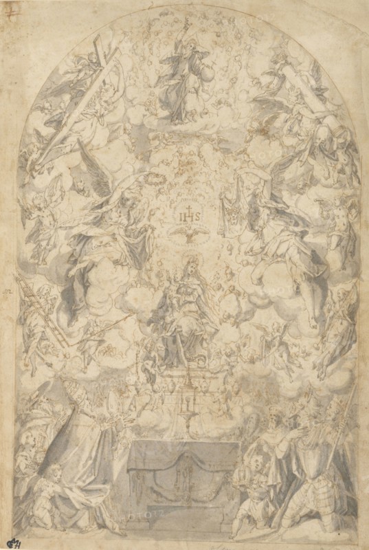 Madonna and Child with Angels Bearing Symbols of the Passion; Friedrich Sustris, Dutch, about 1540 - 1599, about 1583; Pen