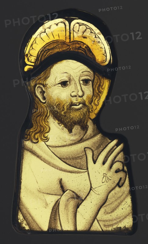 The Resurrected Christ Blessing; English; Norfolk?, England; about 1450 - 1470; Colorless glass, vitreous paint, and silver