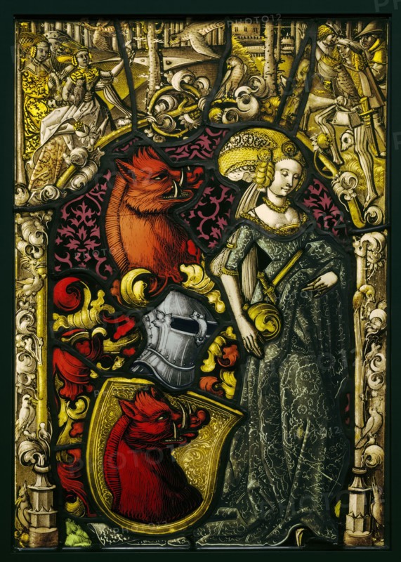 Heraldic Panel with the Arms of the Eberler Family; Swiss; Basel, ?, Switzerland; about 1490; Pot-metal, flashed, and colorless