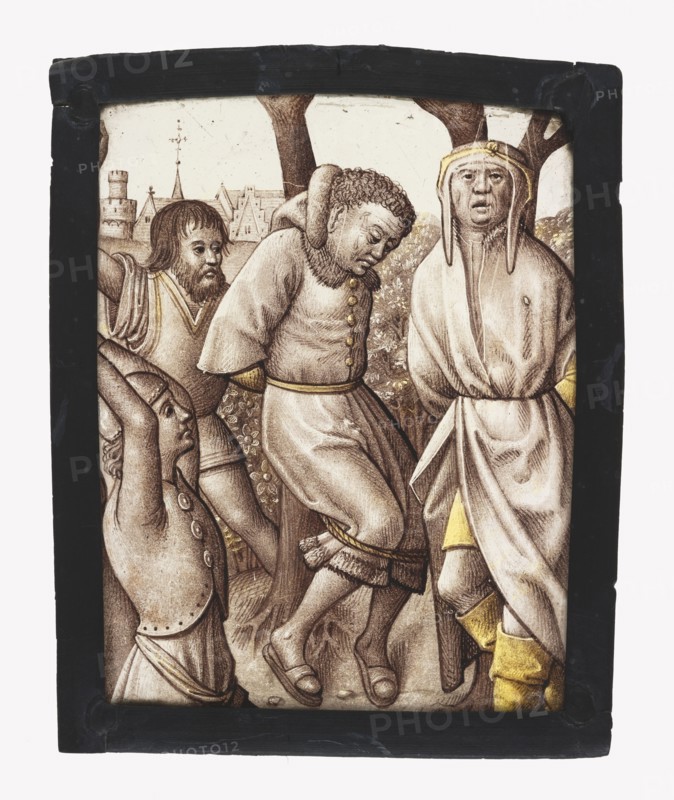 Fragment from the Martyrdom of the Ten Thousand; South Netherlandish; Netherlands; about 1480 - 1490; Colorless glass, vitreous