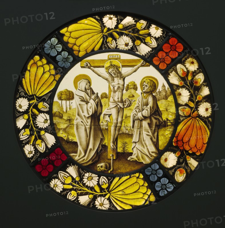 The Crucifixion; Netherlandish; South Netherlands; about 1490 - 1500; Pot-metal and colorless glass, vitreous paint, and silver