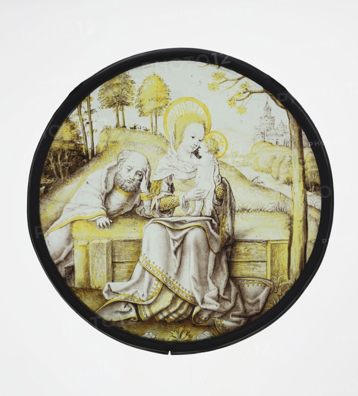 Rest on the Flight into Egypt; South Netherlandish; Bruges, ?, South Netherlands; about 1510; Colorless glass, vitreous paint