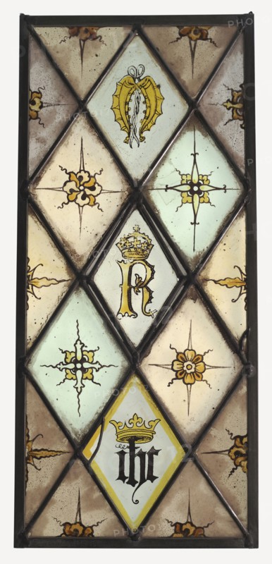 Panel of quarries; English; England; late 15th and early 16th century; Colorless glass, vitreous paint, and silver stain; lead