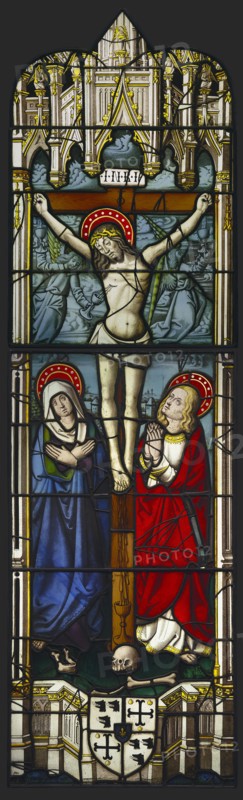The Crucifixion; French; Lorraine,Burgundy, France; about 1500 - 1510; Pot-metal, flashed, and colorless glass, vitreous paint