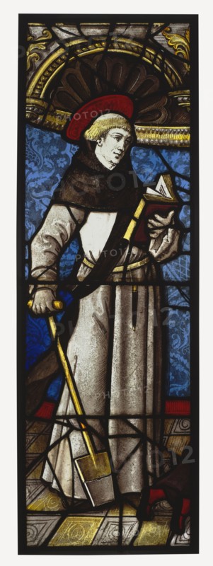 Saint Fiacre; French; Lorraine, France; about 1510 - 1515; Pot-metal and colorless glass, vitreous paint, and silver stain; lead