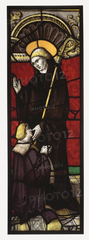 Benedictine Abbot Saint with a Donor; French; Lorraine, France; about 1510 - 1515; Pot-metal and colorless glass, vitreous paint