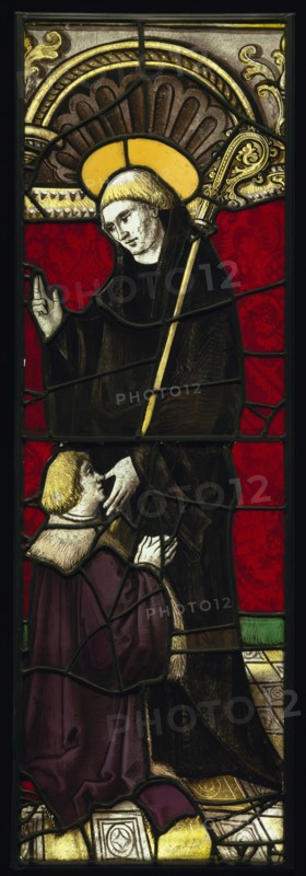 Benedictine Abbot Saint with a Donor; French; Lorraine, France; about 1510 - 1515; Pot-metal and colorless glass, vitreous paint