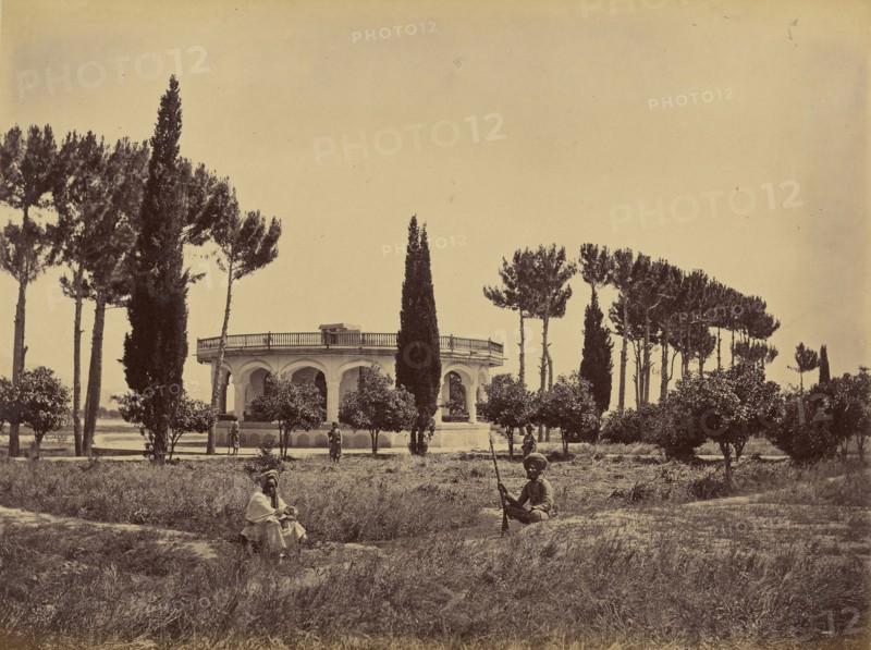 Figures guarding gazebo; John Burke, British, active 1860s - 1870s, Afghanistan; 1878 - 1879; Albumen silver print