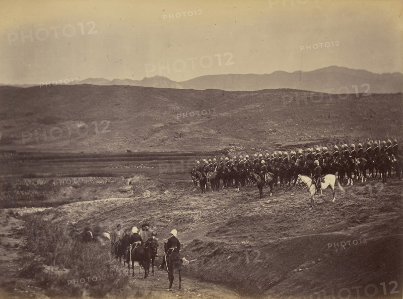 British cavalry on hillside; John Burke, British, active 1860s - 1870s, Afghanistan; 1878 - 1879; Albumen silver print