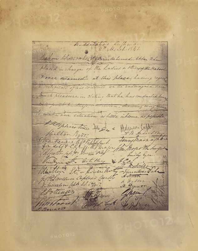 Certificate with signatures given by European prisoners in Kabul 1842; John Burke, Irish, about 1843 - 1900, about 1878
