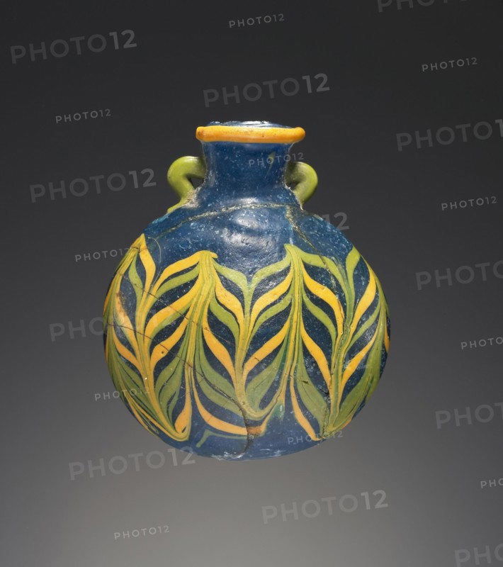 Blue Perfume Flask with Yellow and Green Feathered Decoration; Egypt; 1300 - 1200 B.C; Glass; 6.3 x 5.4 cm, 2 1,2 x 2 1,8 in