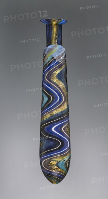 Perfume Flask with Swirled Blue, Black, White, Turquoise, and Gold Ribbons; Eastern Mediterranean or Italy end of 1st century BC