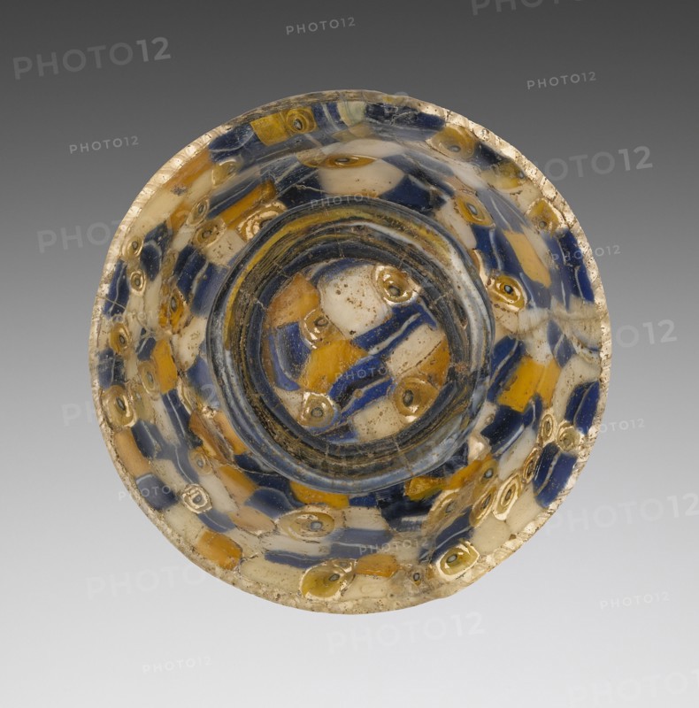 Cup with Blue, White, and Yellow Canes; Eastern Mediterranean; 1st century B.C; Glass; 3.8 x 10.3 cm, 1 1,2 x 4 1,16 in