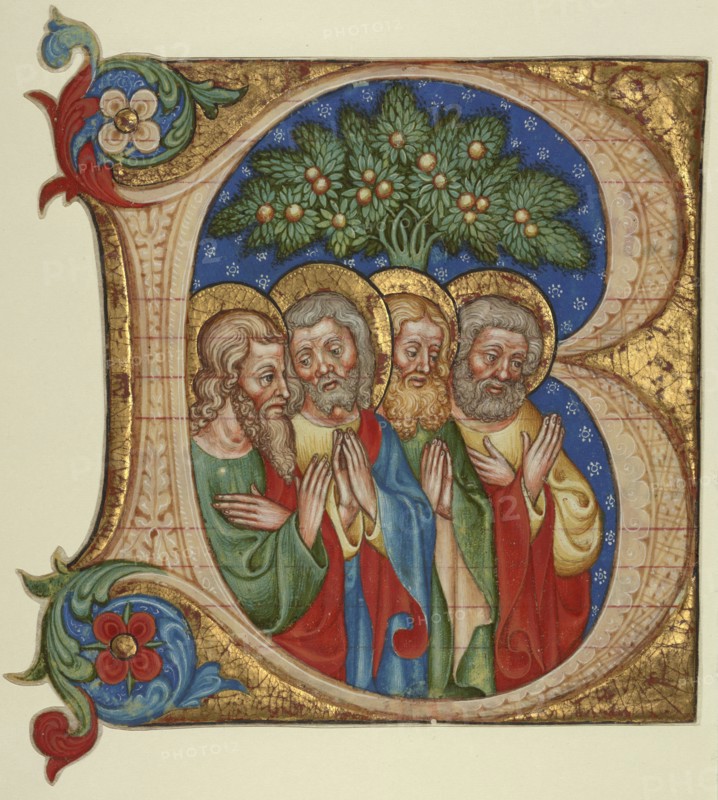 Initial B: Four Saints; Olivetan Master, Italian, active about 1425 - about 1450, Lombardy, Italy; about 1450; Tempera and gold