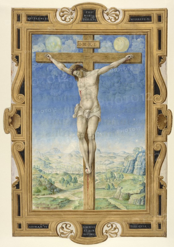 Crucifixion; Vincent Raymond, French, died 1557, active by 1535, Rome, Italy; about 1545; Tempera and gold on parchment; Leaf