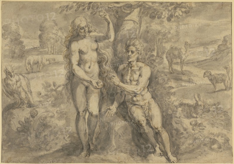 Eve Tempting Adam; Crispijn van den Broeck, Flemish, 1524 - about 1591, 1575; Pen and brown ink, gray wash over traces of black