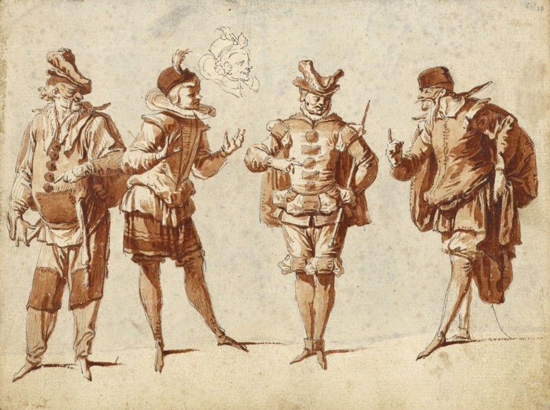 Four Figures in Theatrical Costume; Claude Gillot, French, 1673 - 1722, about 1710; Pen and gray ink and brush with red wash