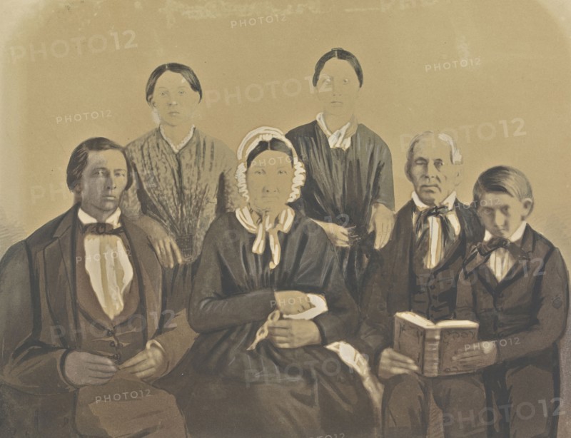Group Portrait of the Pratt,King Family; American; 1848; Hand-colored salted paper print; 20.3 x 24.7 cm, 8 x 9 3,4 in