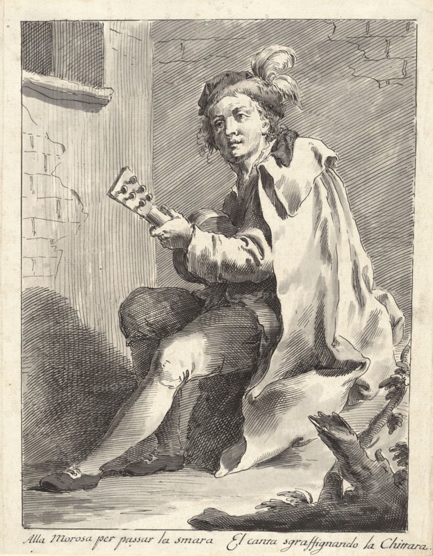 A Seated Man Playing a Guitar; Pietro Antonio Novelli, Italian, 1729 - 1804, about 1760; Pen and gray ink, brush with gray wash