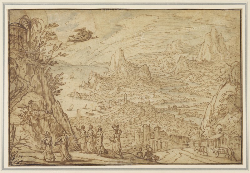 An Extensive Estuary Landscape with the Story of Mercury and Herse; Tobias Verhaecht, Flemish, 1561 - 1631, about 1610; Pen
