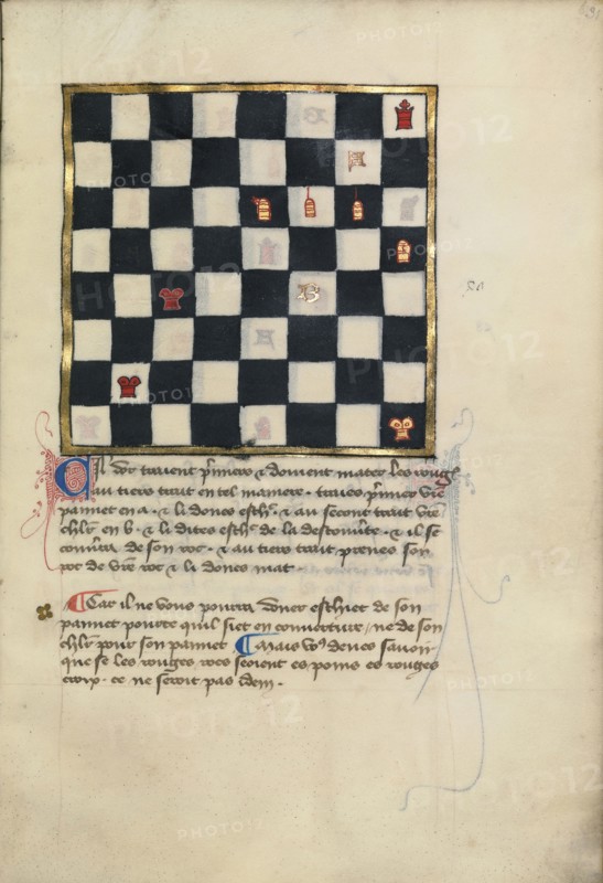 Chess Problem; Northern France, France; late 14th century; Tempera colors and gold leaf on parchment; Leaf: 24.8 x 16.8 cm