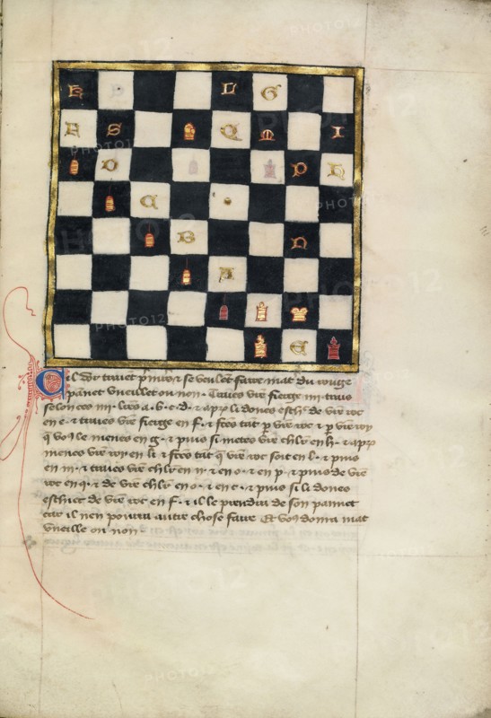 Chess Problem; Northern France, France; late 14th century; Tempera colors and gold leaf on parchment; Leaf: 24.8 x 16.8 cm