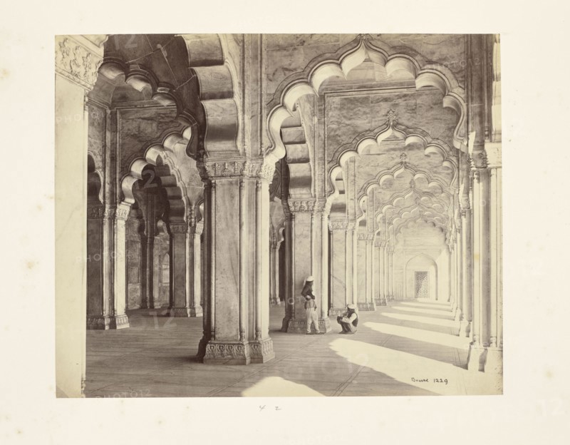 Agra; Interior of the Motee Musjid, Showing the Marble Saracenic Arches and Pillars; Samuel Bourne, English, 1834 - 1912, Agra