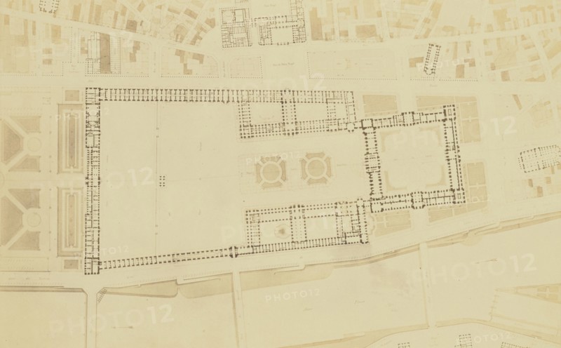 Plan for the Nouveau Louvre by L. Visconti; Édouard Baldus, French, born Germany, 1813 - 1889, Paris, France; 1852 - 1857